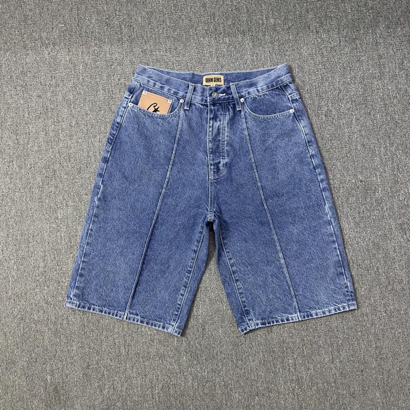 Pantaloncini neri in denim da uomo di media lunghezza con ricamo di stelle Stile streetwear vintage effetto usurato Vestibilità slim Pantaloni a cinque punte