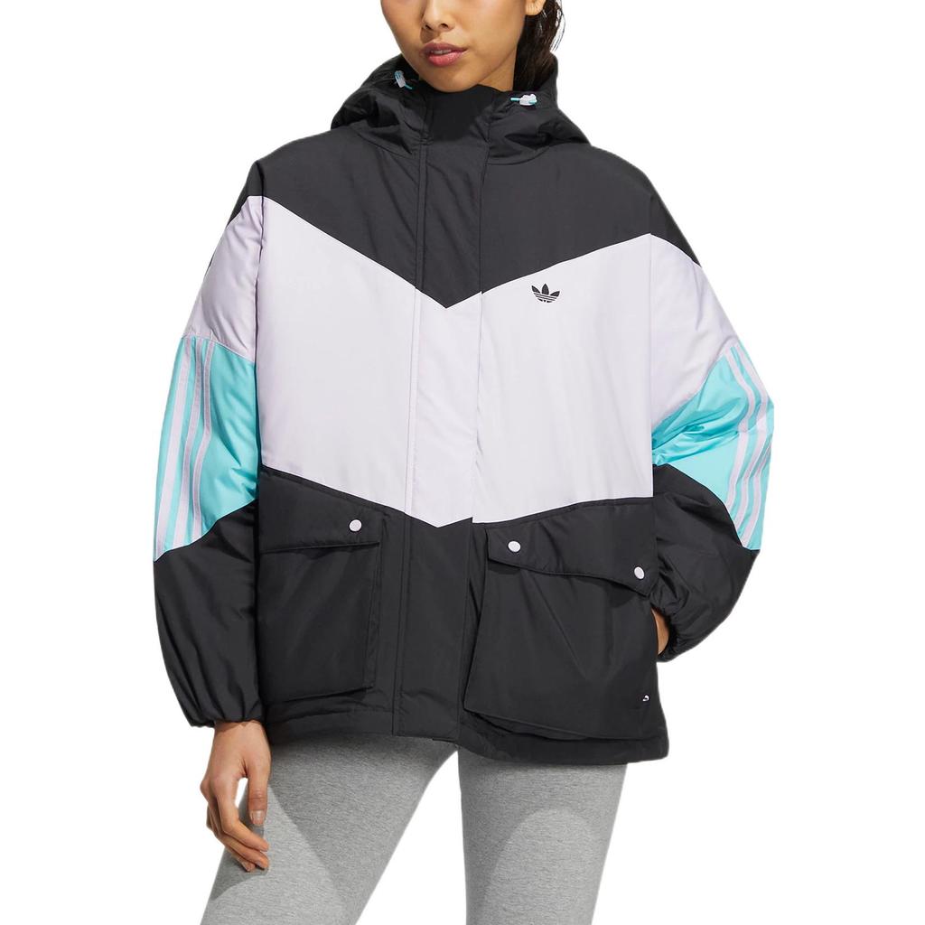 Adidas Originals Clover Color Block Down Puffer Hoodie With Logo Print Women Outerwear Black HS9519