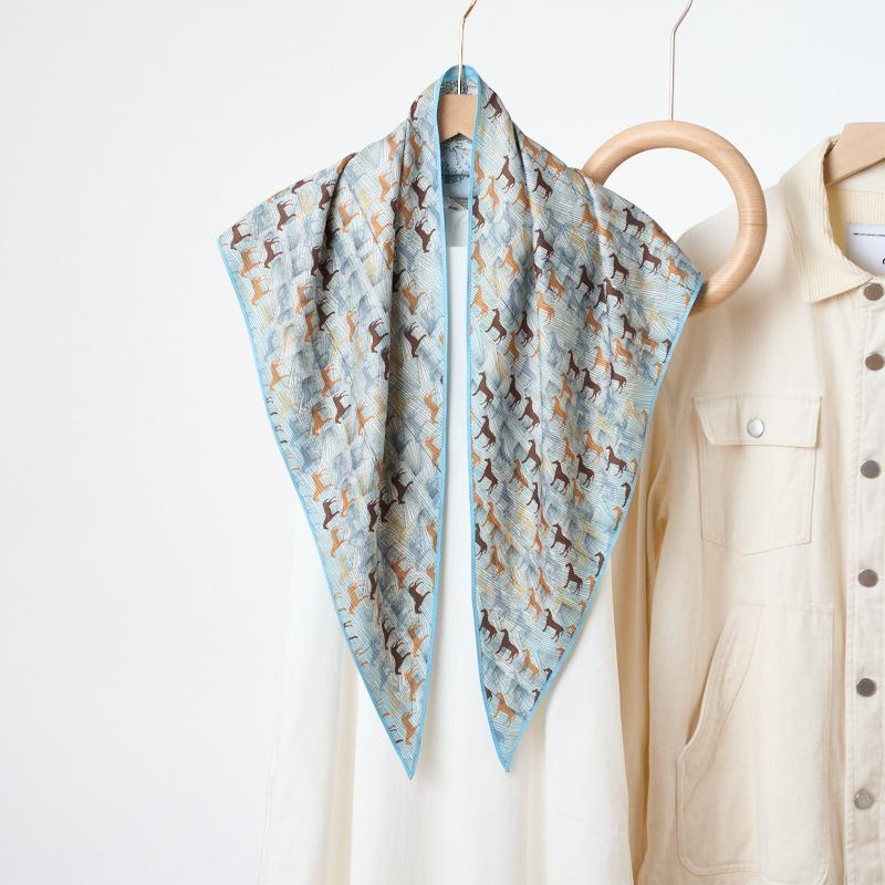 Women Double Side Different Color Printed Imitated Silk Triangle Neck Scarf
