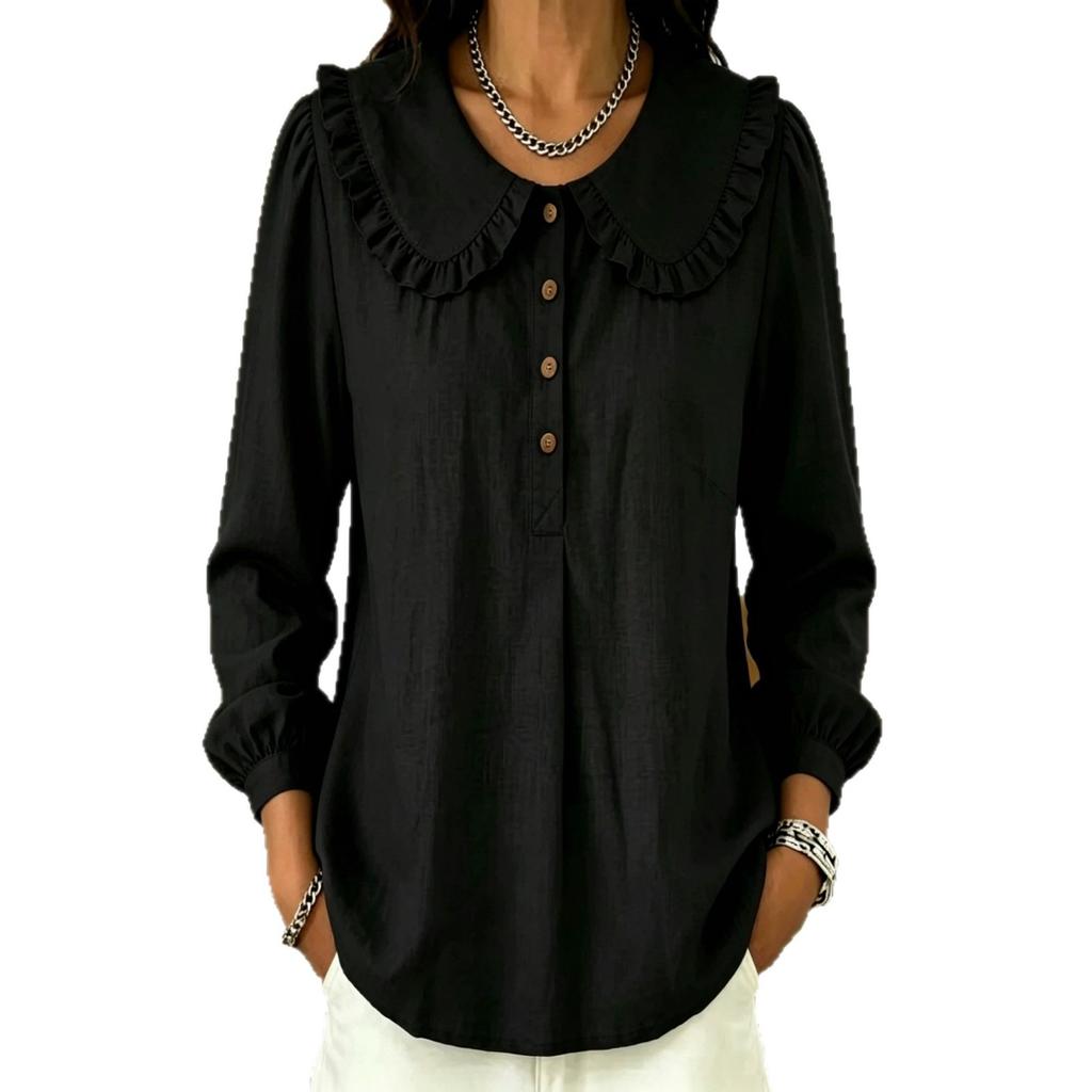 1116 New Women's Solid Color Anti-cotton and Linen Loose Doll Collar Long Sleeve Top