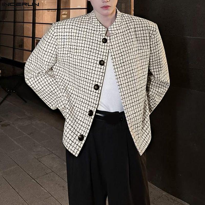 INCERUN Autumn Elegant  Men Long Sleeve Casual Plaid Buttons Texture Jackets Coats