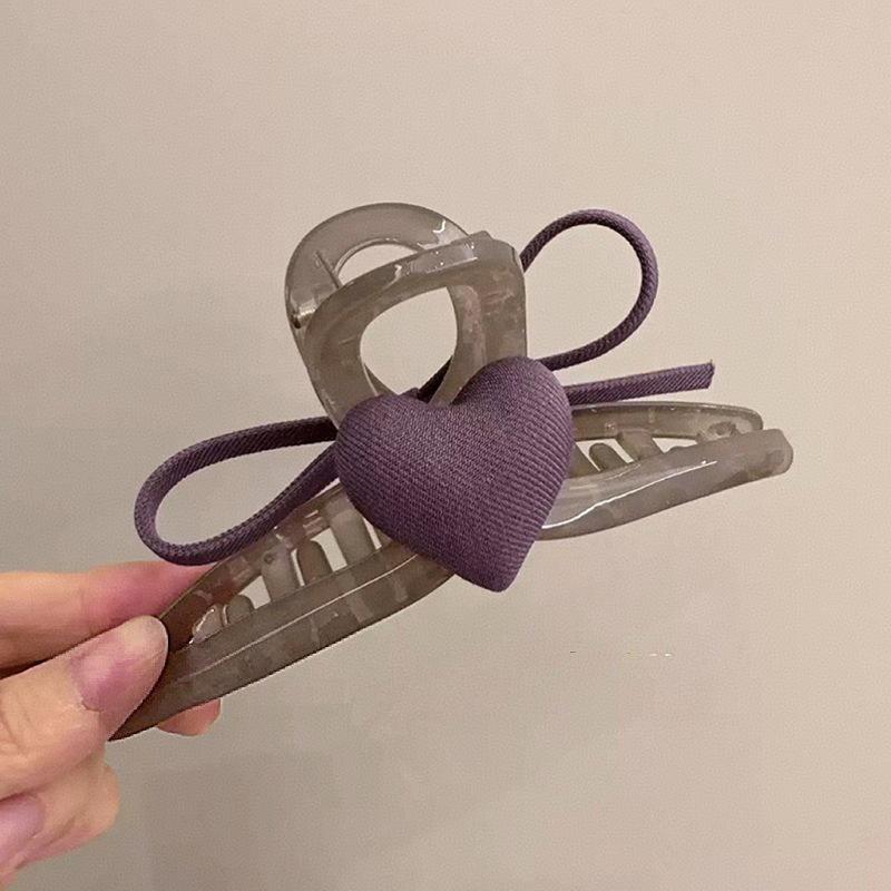 Purple Heart Bow Claw Clip - High-Grade Gray Translucent Shark Hair Clip for Updo Styles