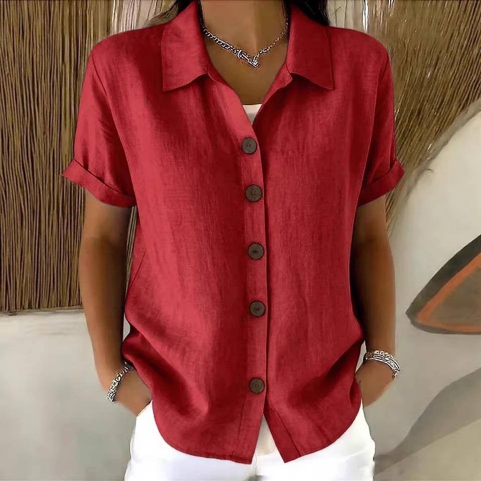 2026 European-American Summer Solid Color Lapel Button Casual Loose Short Sleeve Shirt