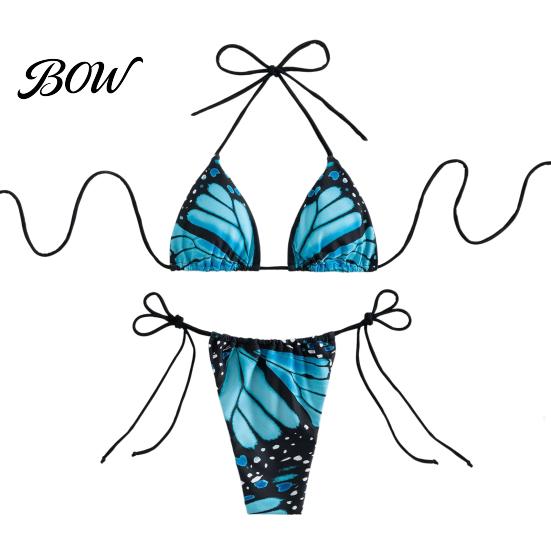 Halter Top Bikini Women Butterfly Print Set, Tie & Side Thong, Beachwear Two Piece Triangle Swimsuit, Sexy Beach Bathing Suit for Summer Breathable
