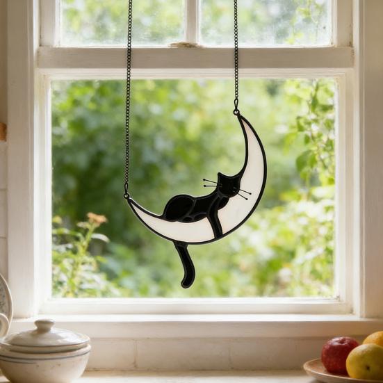 Cat On Moon Hanging Ornament Stained Glass Window Hanging Suncatcher Acrylic Panel Wall Art Memorial Gift for Women Wife Mom Cat Lovers