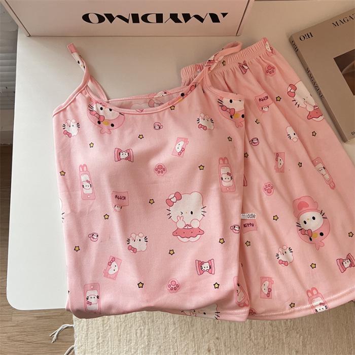 Cute Korean Style Women's Short-Sleeved Camisole Pajama Set with Chest Pads, Imitation Cotton