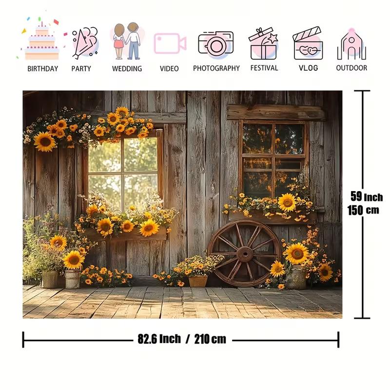 Rustic Sunflower Barn Tapestry, Farmhouse Background Cloth, Country Home Decor