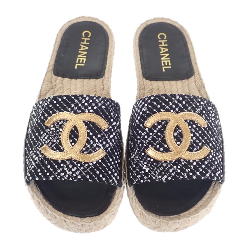 Chanel G45590_B15919_NV733 Sandals Black Lambskin/tweed Women