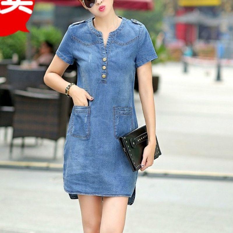 

Women s Blue Pocket Denim Short Sleeve Dress Light Blue 2XL