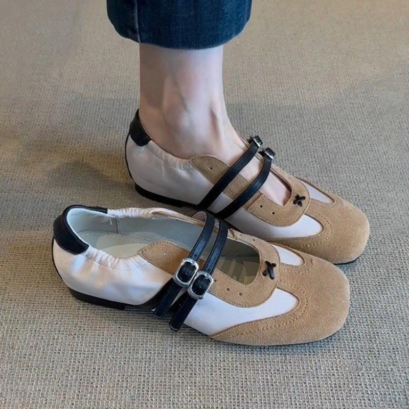 Fashion Leather Version~ Niche Design Sport Ballet Shoes Heightening Double Row Button Mary Janes Color Block Matte Single Shoes