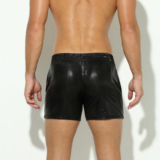 Men Shorts Glossy Faux Leather Elastic Mid Waist Soft Breathable Pockets Stretchy Stage Show Performances Sports Summer Shorts