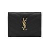 Ysl Cassandre Double Fold Gold Logo Textured Quilted Leather Card Holder Wallet Women Wallet Black 530841-BOWA1-1000
