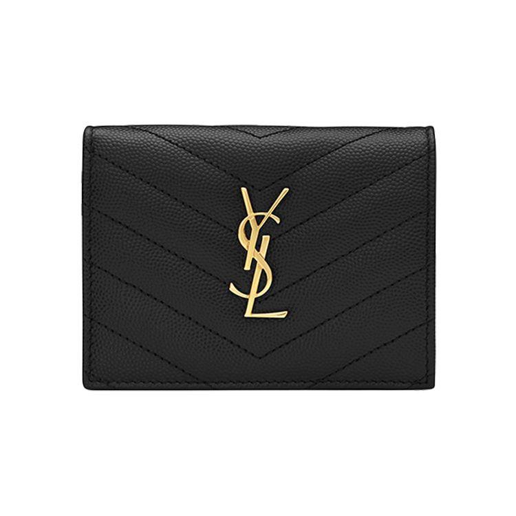Saint Laurent Ysl Cassandre Double Fold Gold Logo Textured Quilted Leather Card Holder Wallet Women Wallet Black 530841-BOWA1-1000