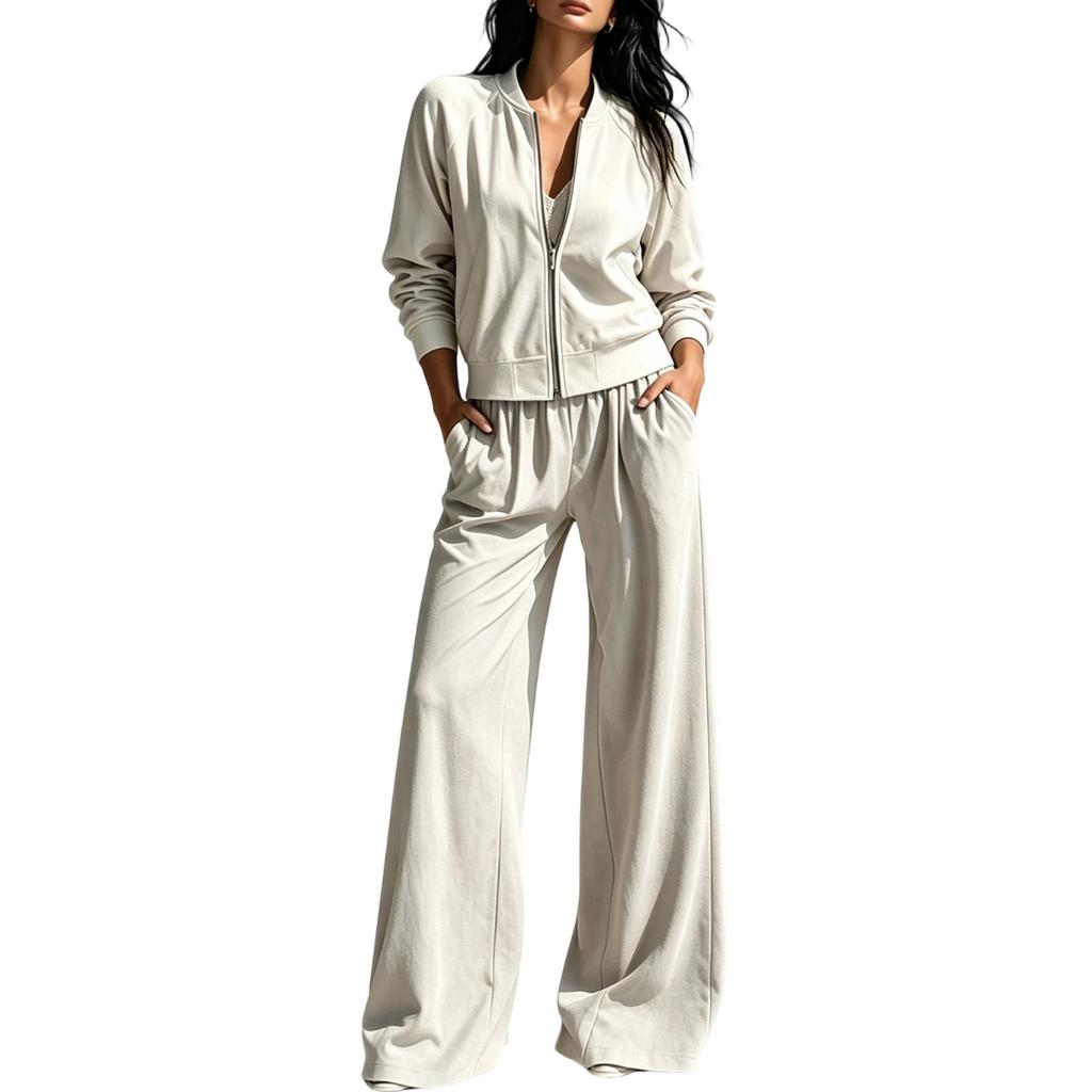 Women's Casual Two Piece Outfit with Zip Up Stand Collar Jacket and Long Pants for Fall Winter
