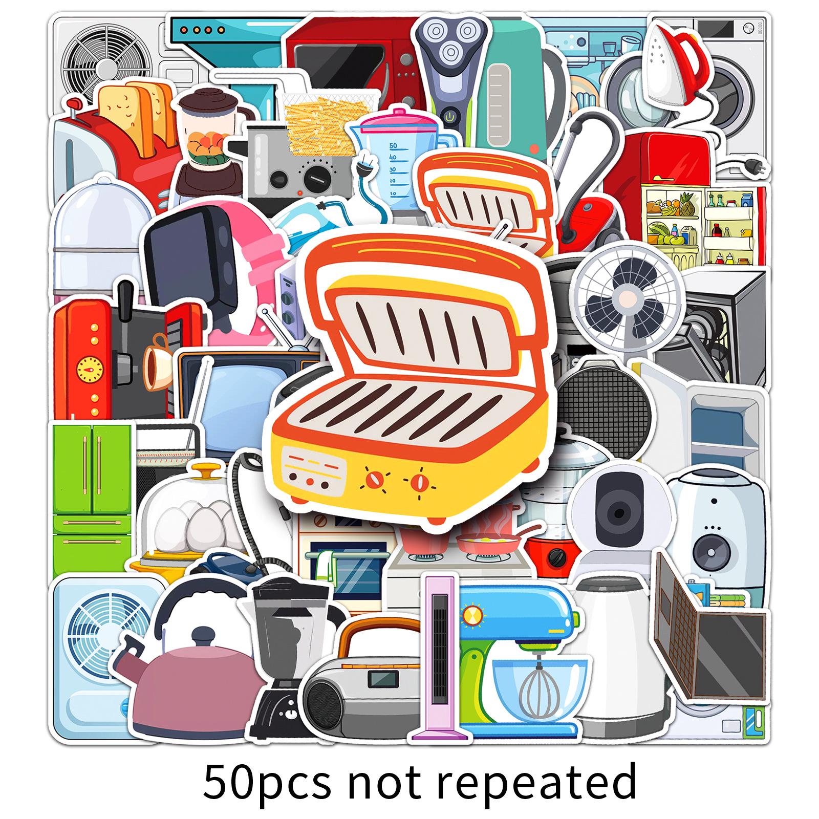 50pcs Waterproof Cartoon Household Appliance & Furniture Stickers - Decorative Scenery for Journals & Washing Machines