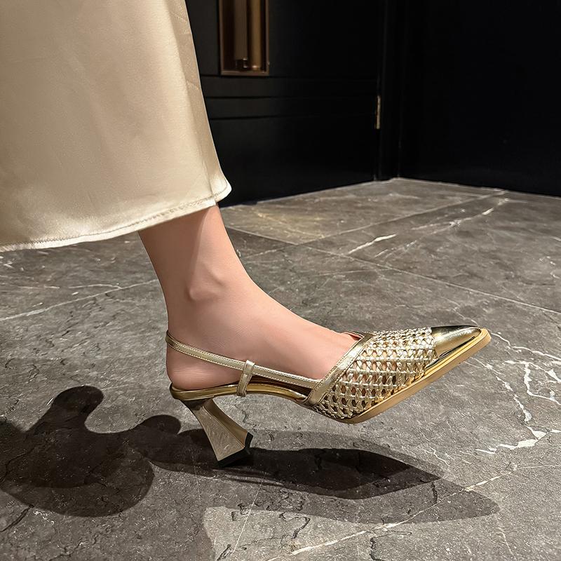 Women High Heels Sandals Mesh Pointed Toe Heeled Shoes Designer New 2025 Summer Party Slippers Weave Woman Chunky Pumps