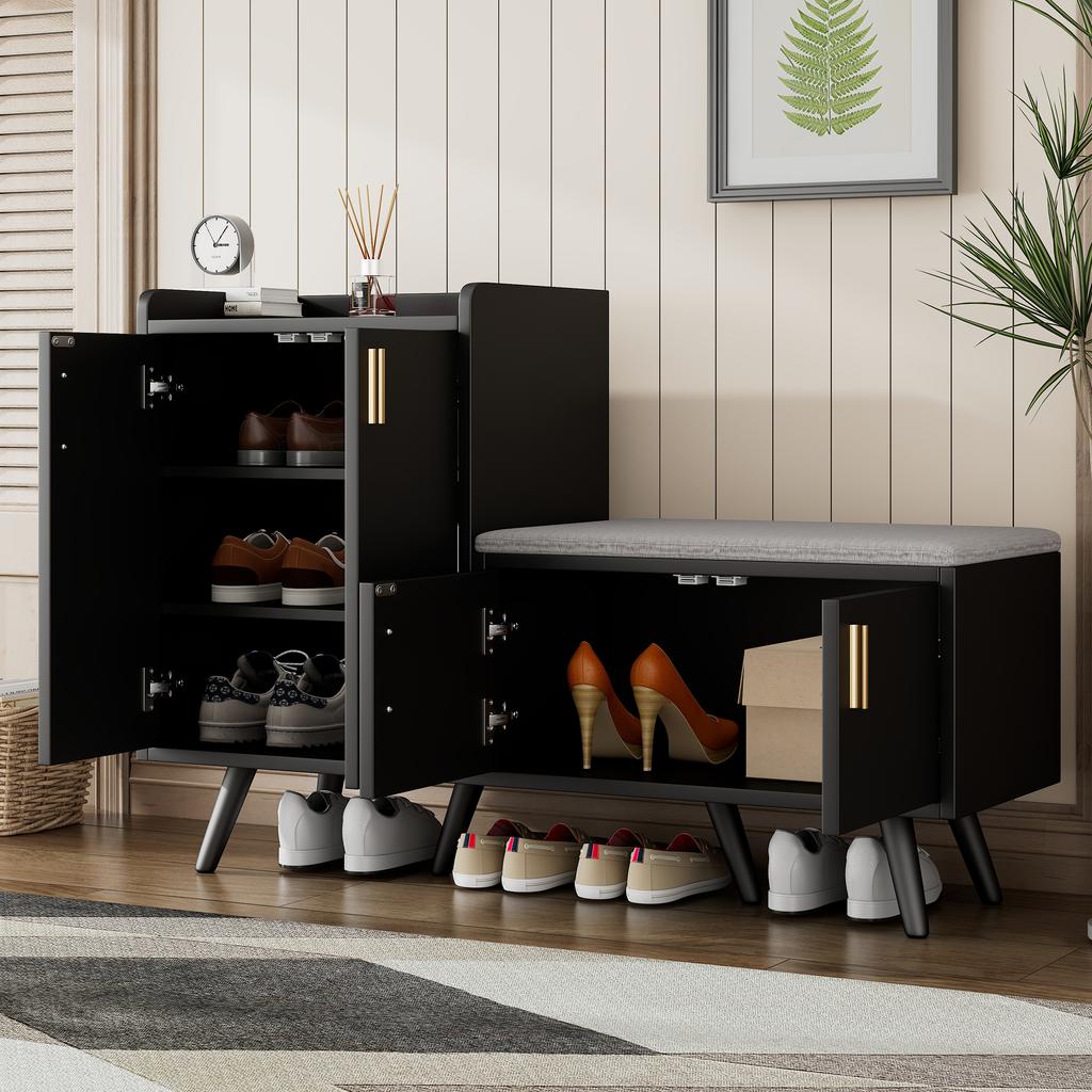 Modern Shoe Bench with Black Walnut Wood, Shoe Cabinet, Equipped with Four Storage Doors, Asymmetric Metal Handles, W120/D34/H82