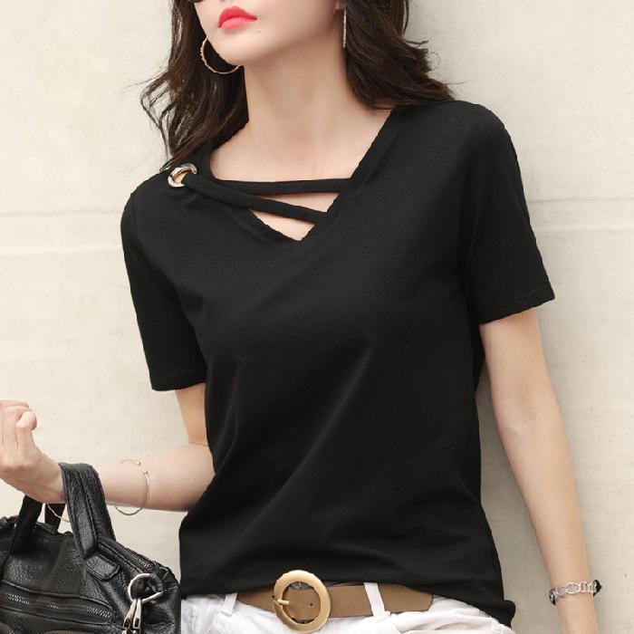 Women s Summer V-Neck Loose White T-Shirt, Korean Style, Plus Size Trendy Top 4XL чёрный