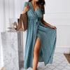 Summer Short Sleeve V-neck Bohemian Polka Dot Print Dress Long Skirt
