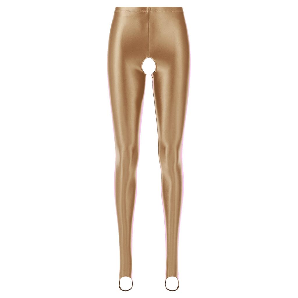 Damen Glänzende Open-Crotch Steg-Leggings Dehnbar Glatt Mittlere Taille Elastischer Bund Skinny Hosen