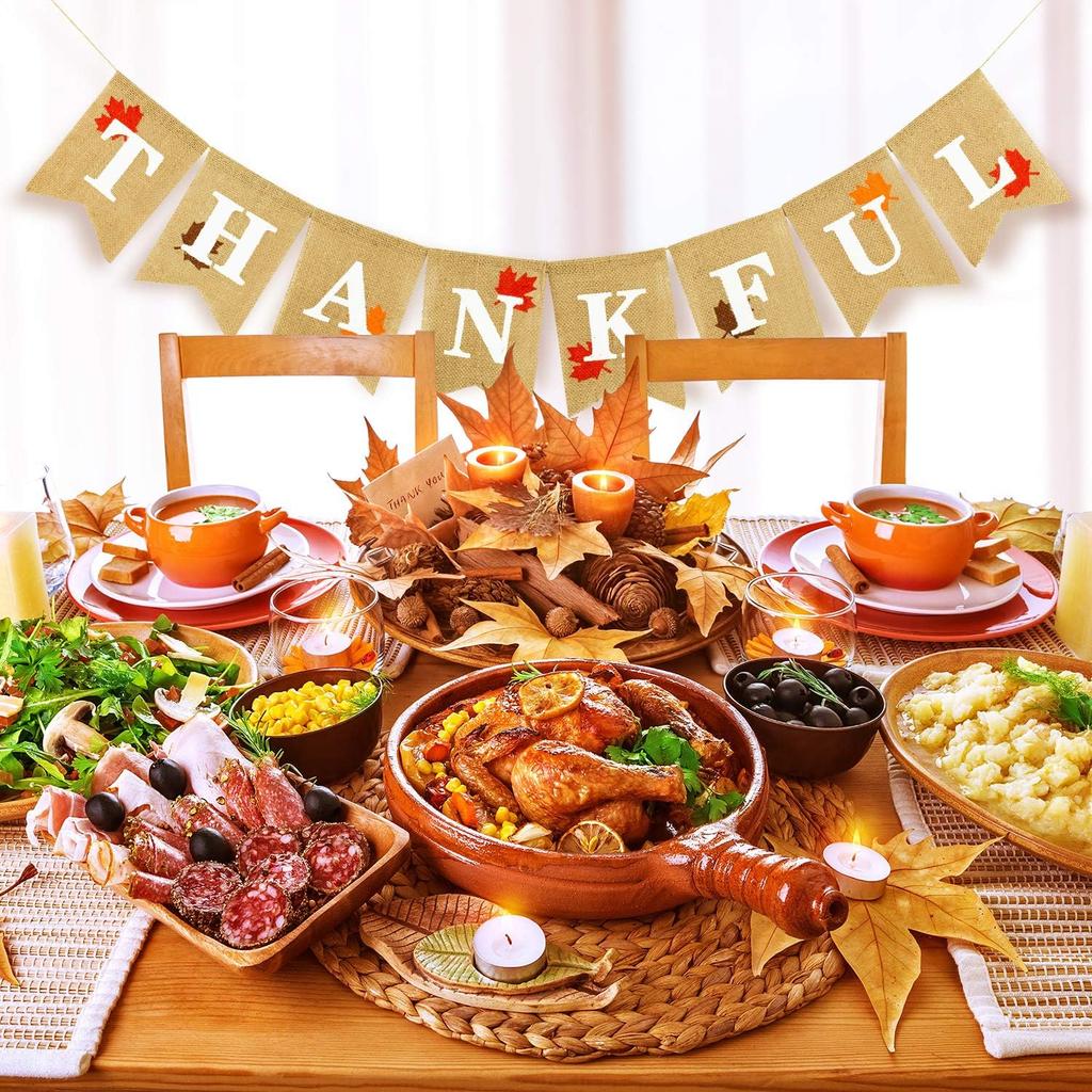 Whaline Thankful Burlap Banner with Rustic Thanksgiving Garland Fall Maple Leaves Decorations Thanksgiving Mantel Fireplace Wall Hanging for Autumn