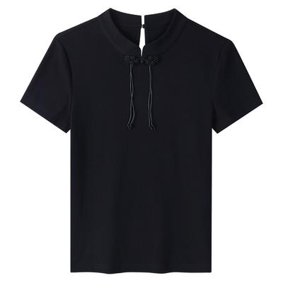 Neues chinesisches Kurzarm-T-Shirt für Damen Neues Damen-Tablett-Knopfleisten-Stehkragen Schwarz Baumwolle T-Shirt Design Quasten-Top