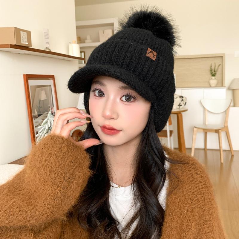 Versatile Leather Label Plus Velvet Thickened Wool Hat Outdoor Cold Protection Hat Korean Casual Face Showing Hat for Women