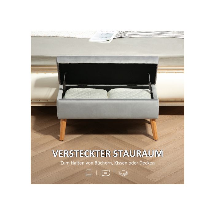 Banc de rangement - MUVOE - 102x35x43 cm - Bois d'hévéa - Gris - Rembourré velours