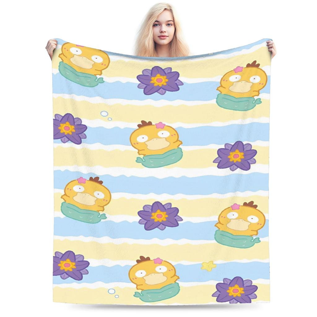 Warm Blanket Travel Office Manga Psyduck Printed Throw Blanket Pokemoned Flannel Bedspread For Outdoor Funny Sofa Bed Cover