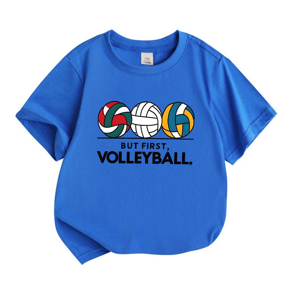 Kids Boys Girls 100% Cotton Crew Neck Short Sleeve T-Shirt, Cute Volleyball Pattern But First Volleyball Graphic Casual Comfy Tee for Children Daily S