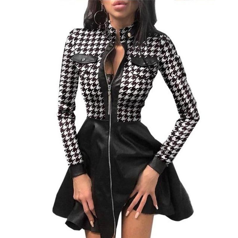 Sexy Stand Collar Print Zipper Long Sleeves Mini Dress Casual Autumn Winter Fashion Pocket Pu Leather Dress Elegant Slim Dresses