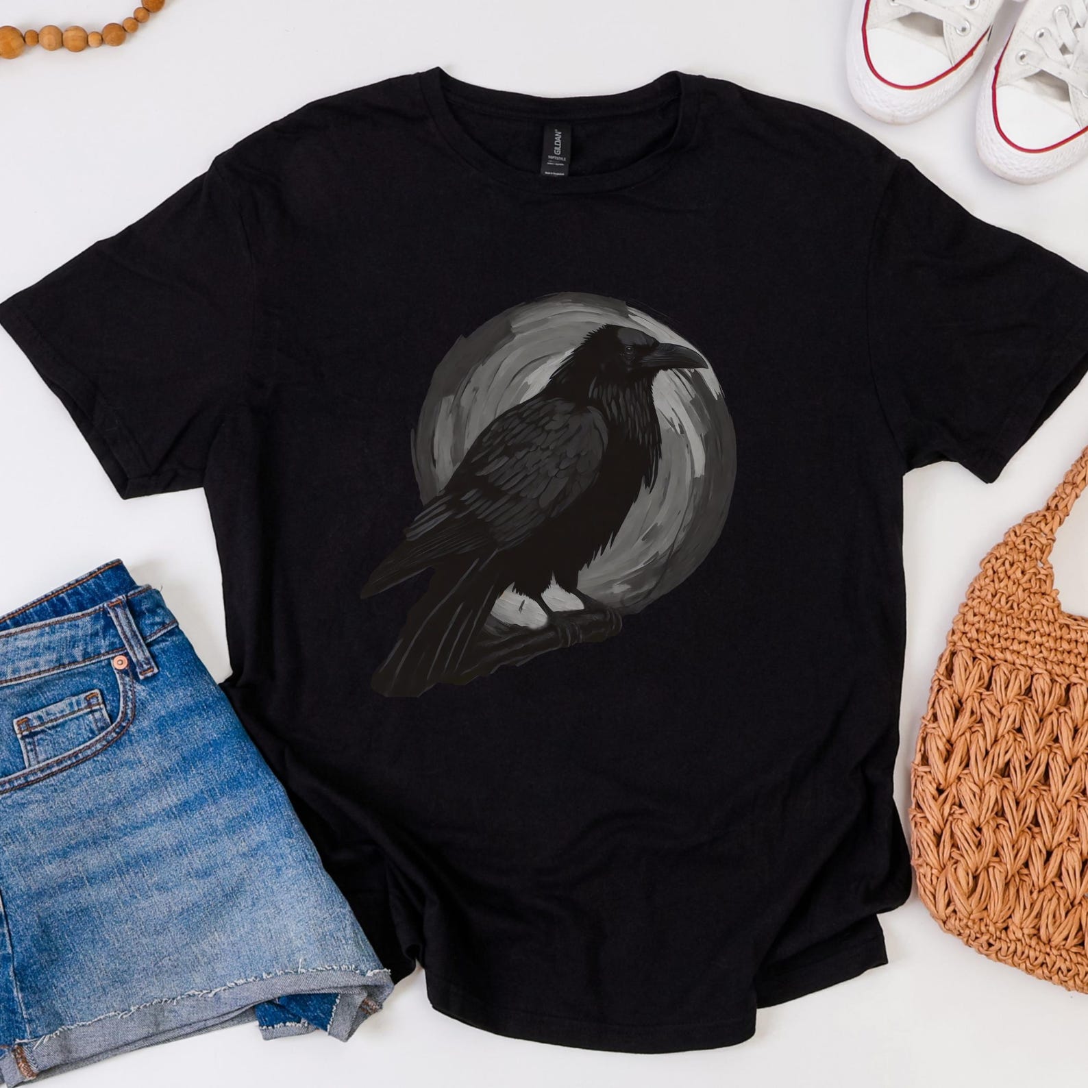 Raven Moon Graphic Tee: Gothic Crow Shirt, Witchy Halloween Top M
