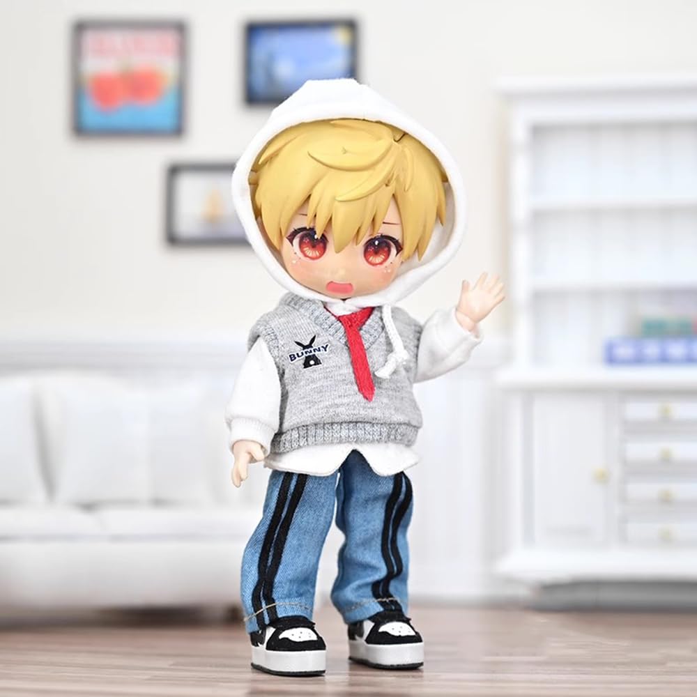 Kostým velikosti Obitsu 11 OB11 pro panenku Obitsu 11cm tělo Školní styl Oblečení Set Králičí čepice s králičími uši, Mikina s kapucí, Vesta, Kalhoty (Sada 3 kusů)