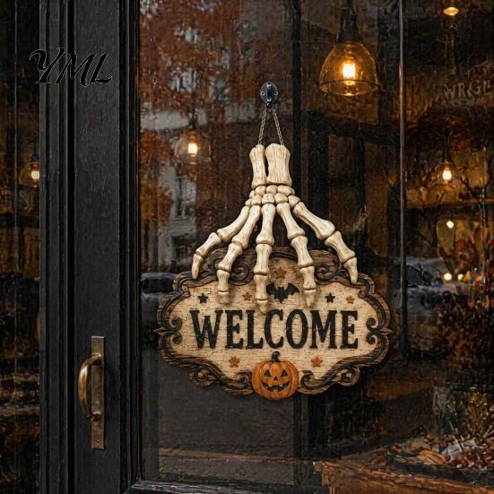 Placa de Loja Estilo Terror Mão de Esqueleto Porta Placa de Boas-Vindas, Decoração Padrão Abóbora Morcego de Halloween, Decoração de Madeira Antiga Desgastada Pendurada na Parede