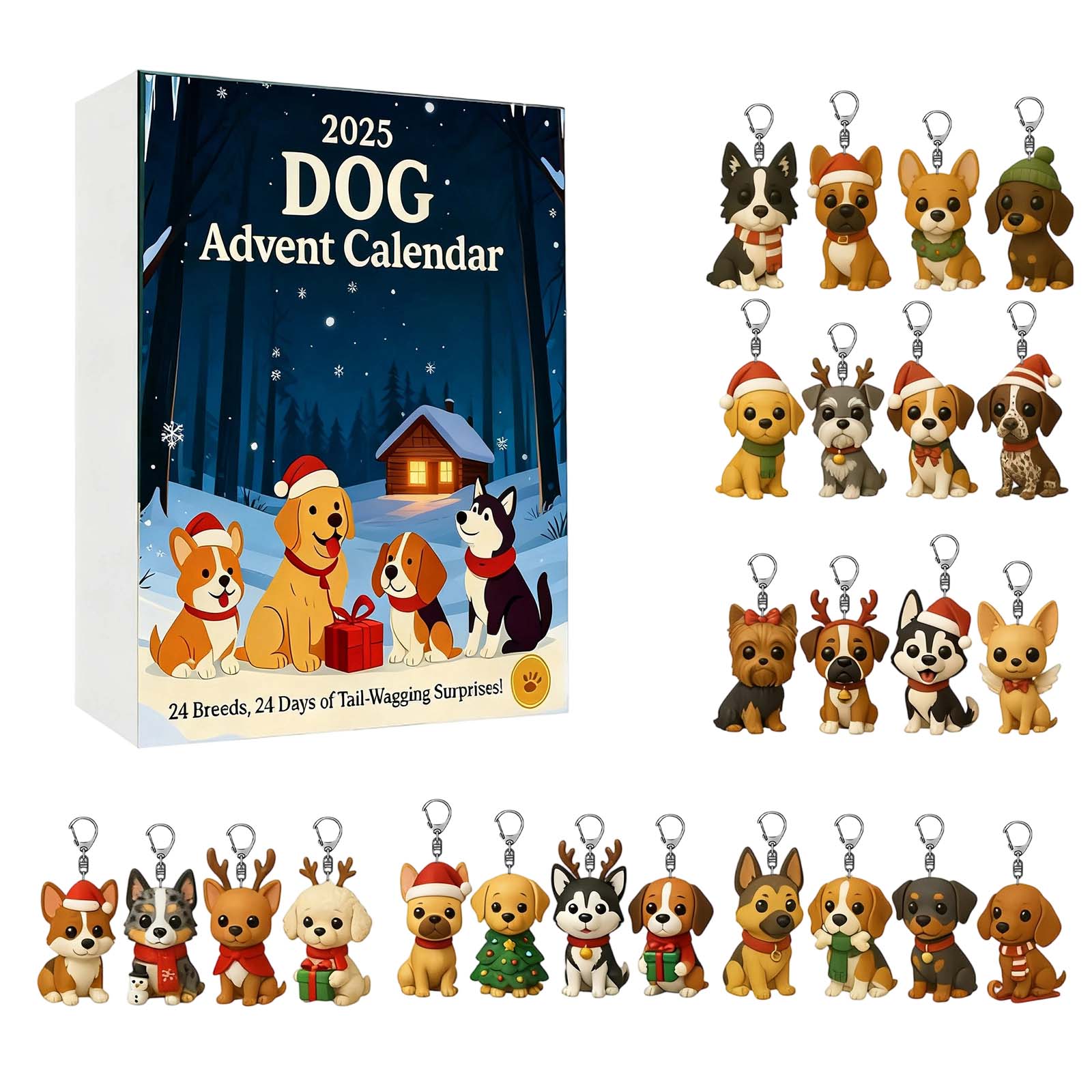 

Календарь обратного отсчета включает 24 подарка, календарь обратного отсчета и брелок-сюрприз. One Size