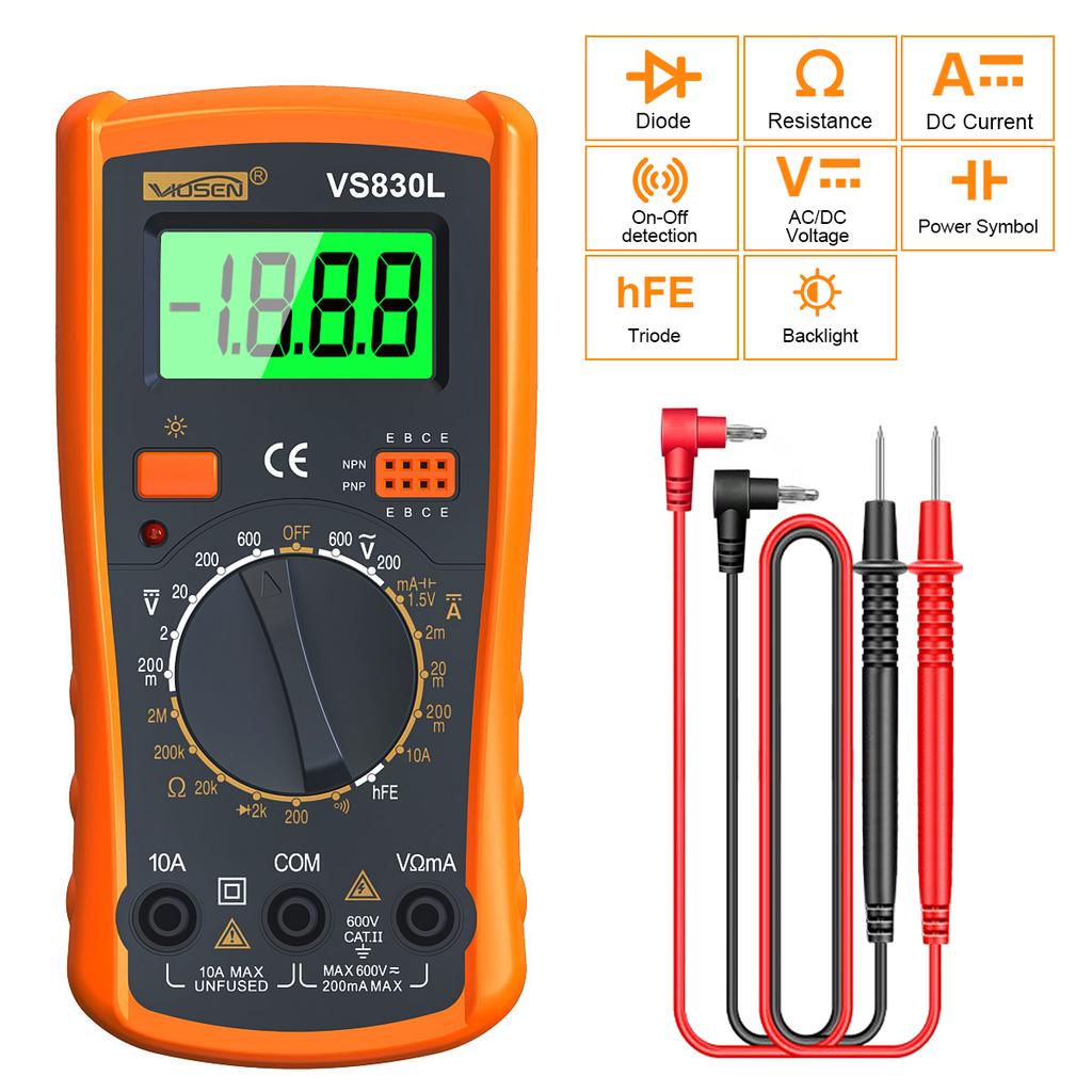 Digital Multimeter Manual Type AC/DC Voltage Current Tester Ohm Ammeter Detector Tool Backlit Screen 1999 Counts with Support
