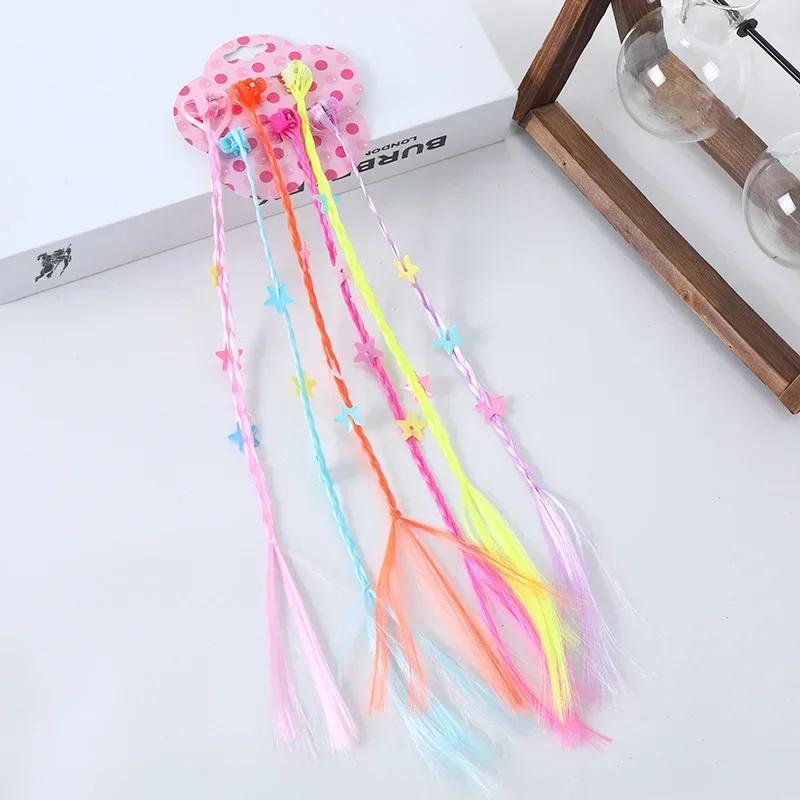 6pcs Kids Girl Candy Color Wig Braid Hair Claw Princes Cute Butterfly Bow Heart Style Hair Clip Children Haid Styling Headwear