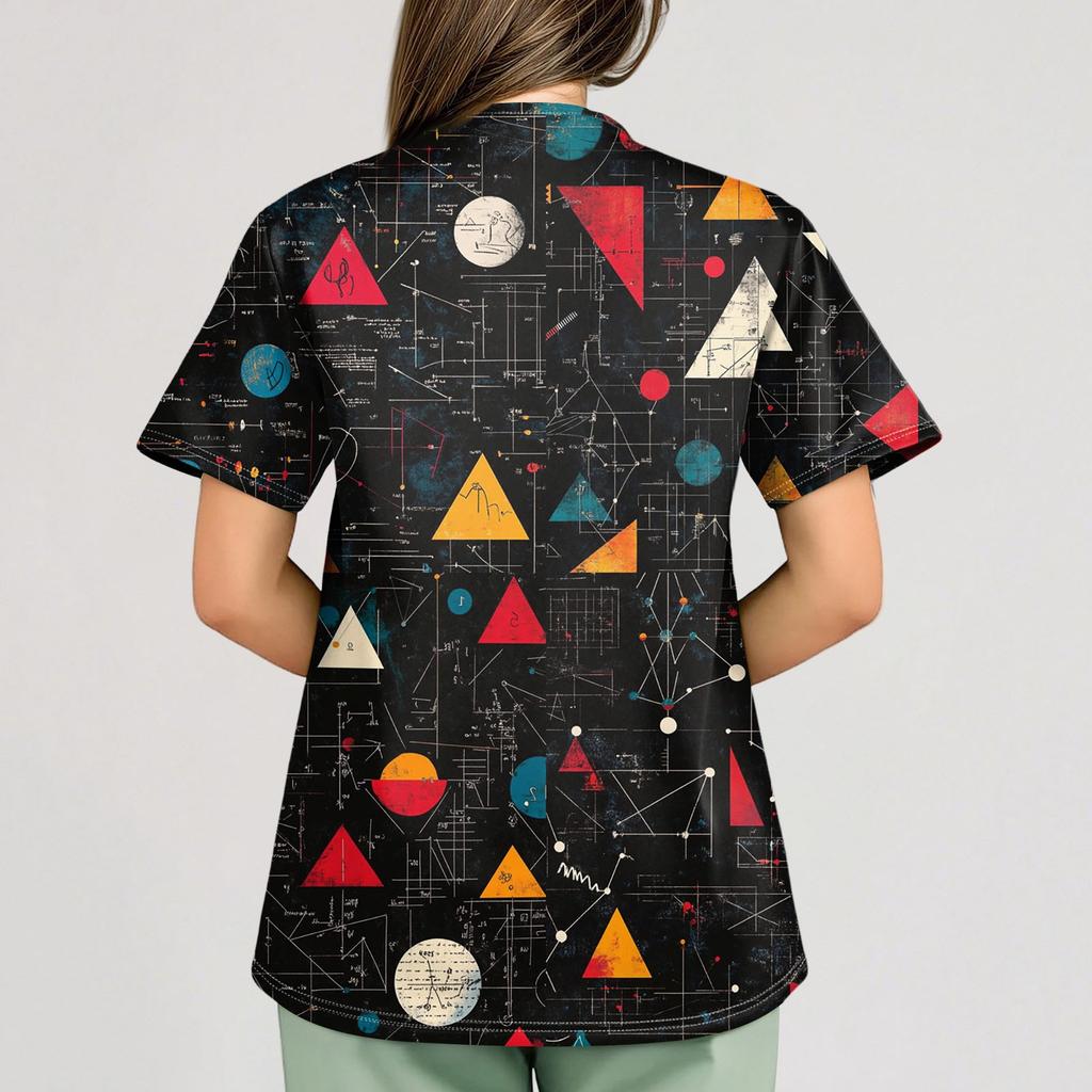 Women's Small Animal Cartoon Print Loose V-neck Pocket Short-sleeved  Uniform  Uniform