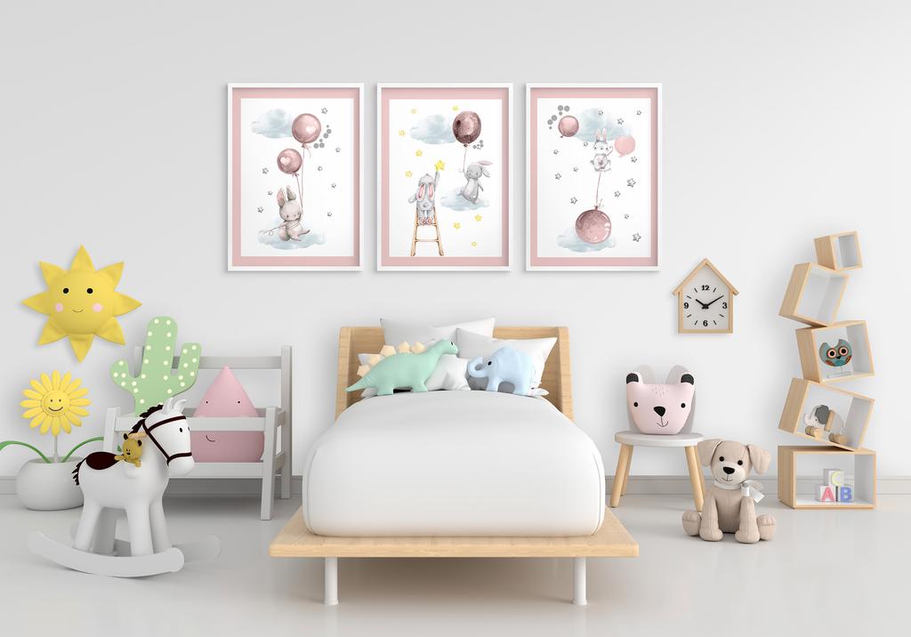 Zestaw Plakatów Dla Dziecka Króliczki Balony Pastelowy Róż Obrazy 30x40