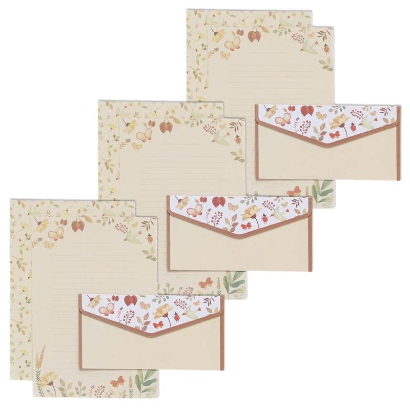 Vintage Blommigt Papper Brevpapper Set, 20 Delar Set (10 linjerade ark, 10 matchande kuvert), Brevstorlek 5,55x8,19 tum