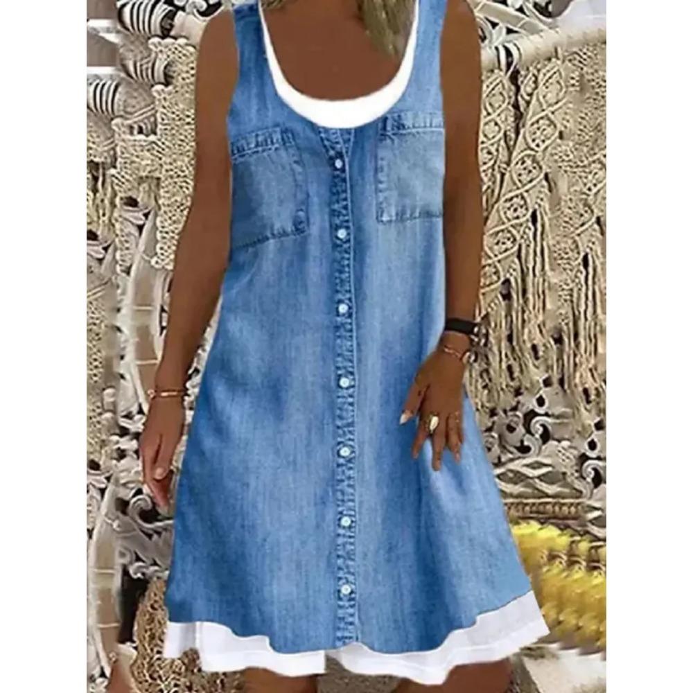 Letní dámské šaty bez rukávů Ležérní falešný dvoudílný kulatý výstřih Dámské džínové šaty Knoflíková ozdoba Volný střih A-line Dámské tílkové šaty