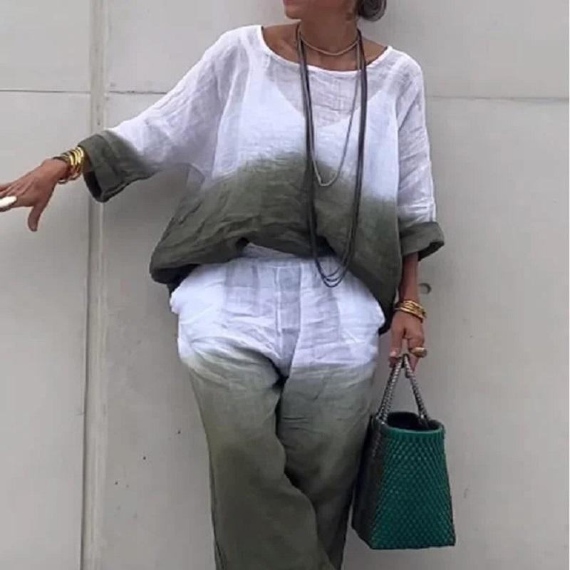 

Весенне-летний градиент цвета, хлопковый льняной женский костюм с длинными рукавами, повседневный свободный простой модный длинный брюки с карманами, женский комплект из двух предметов L