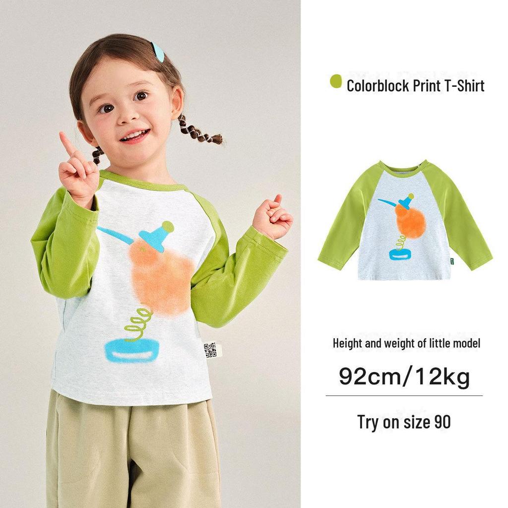 2025 Spring Kids' Round Neck Cute Long Sleeve Color Block T-Shirt