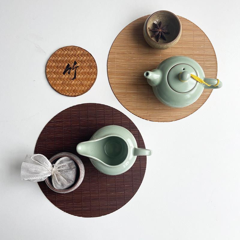 Traditionelles chinesisches Teeservice aus Bambus, ovale, gewebte Bambus-Untersetzer zur Wärmeisolierung, Vintage-Stil, Essentials für die Teezeremonie
