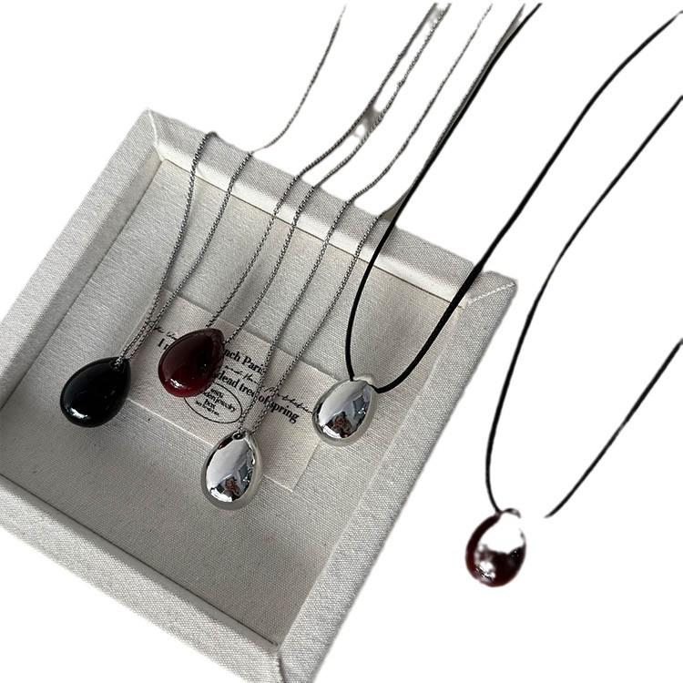 Minimalist Black Titanium Steel Water Drop Pendant Necklace for Women