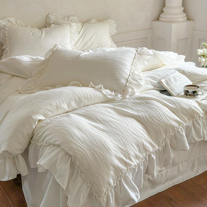 French Princess Style Lace Ruffles Wedding Bedding Set Washed Cotton Soft Duvet Cover Bed Sheet/Fitted Sheet Pillowcases 4Pcs