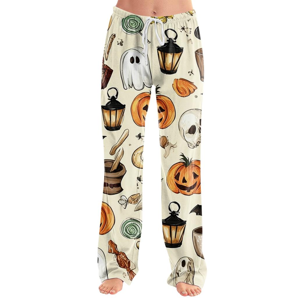 Damen Halloween Print Kordelzug Hose Lässige Lounge Hose Elastischer Bund Entspannte Passform Vollständige Länge Hose für den Alltag