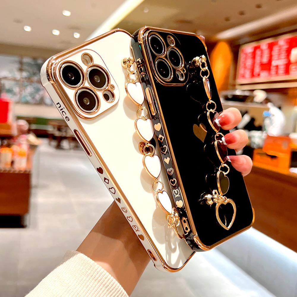 Plating Silicone Case For iPhone 17 Air 16E 16 15 14 13 12 11 Pro Max 15Pro 14Pro IPhone15 Wrist Bracelet Strap Love Heart Cover