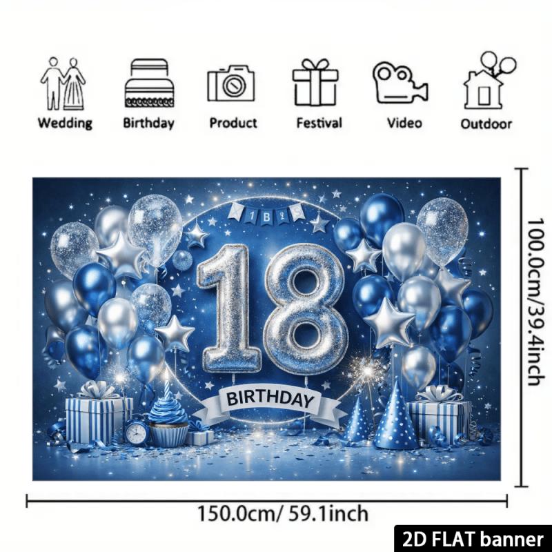 1Pcs Blue Silver 18th Birthday Ribbon Decoration Background Backdrop For Photo Studio Photo Booth Party