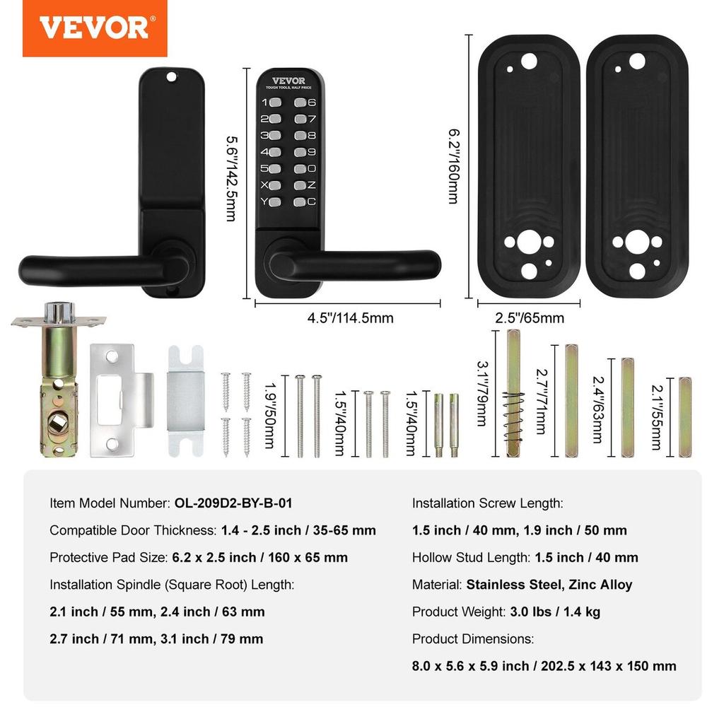 Mechanical Keyless Entry Door Lock, 14 Digit Keypad, Embedded Outdoor Gate Door Locks Set with Keypad and Handle, Water-proof Zinc Alloy, Easy to